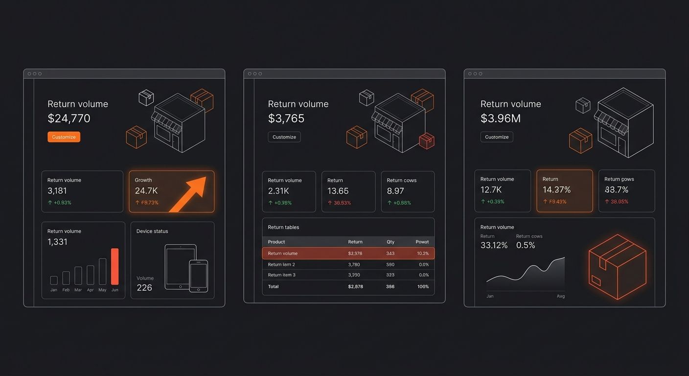 Side-by-side screenshot-style comparison of three returns management app dashboards showing return volume metrics but no margin impact calculations