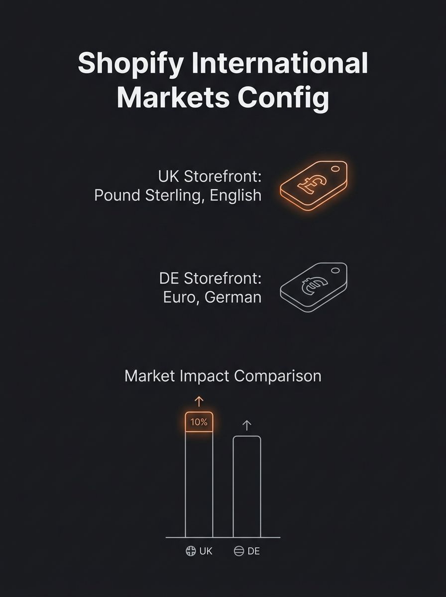 Shopify admin dashboard showing multiple market configurations with currency and language settings for UK and Germany storefronts
