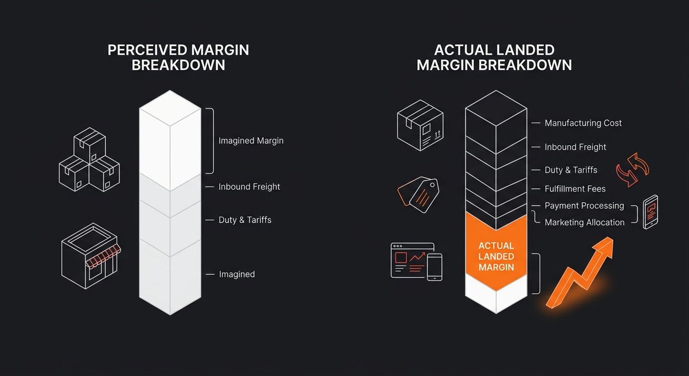 Side-by-side comparison of a profit margin bar chart showing perceived margin of 62% versus actual landed margin of 52.4% on a $24.99 tumbler, with each cost component labeled