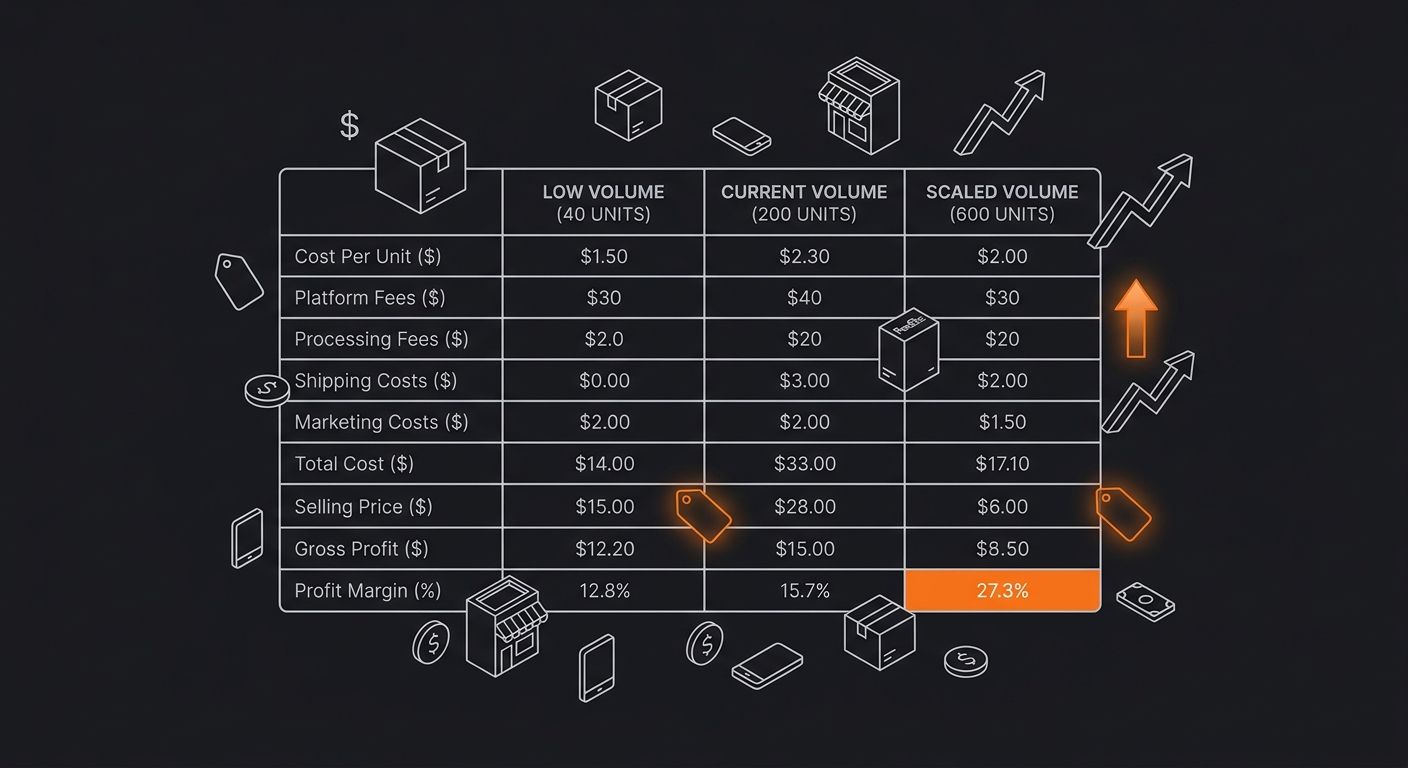a three-column cost model spreadsheet showing margin calculations at low volume (40 units), current volume (200 units), and scaled volume (600 units) with different fee breakdowns at each tier