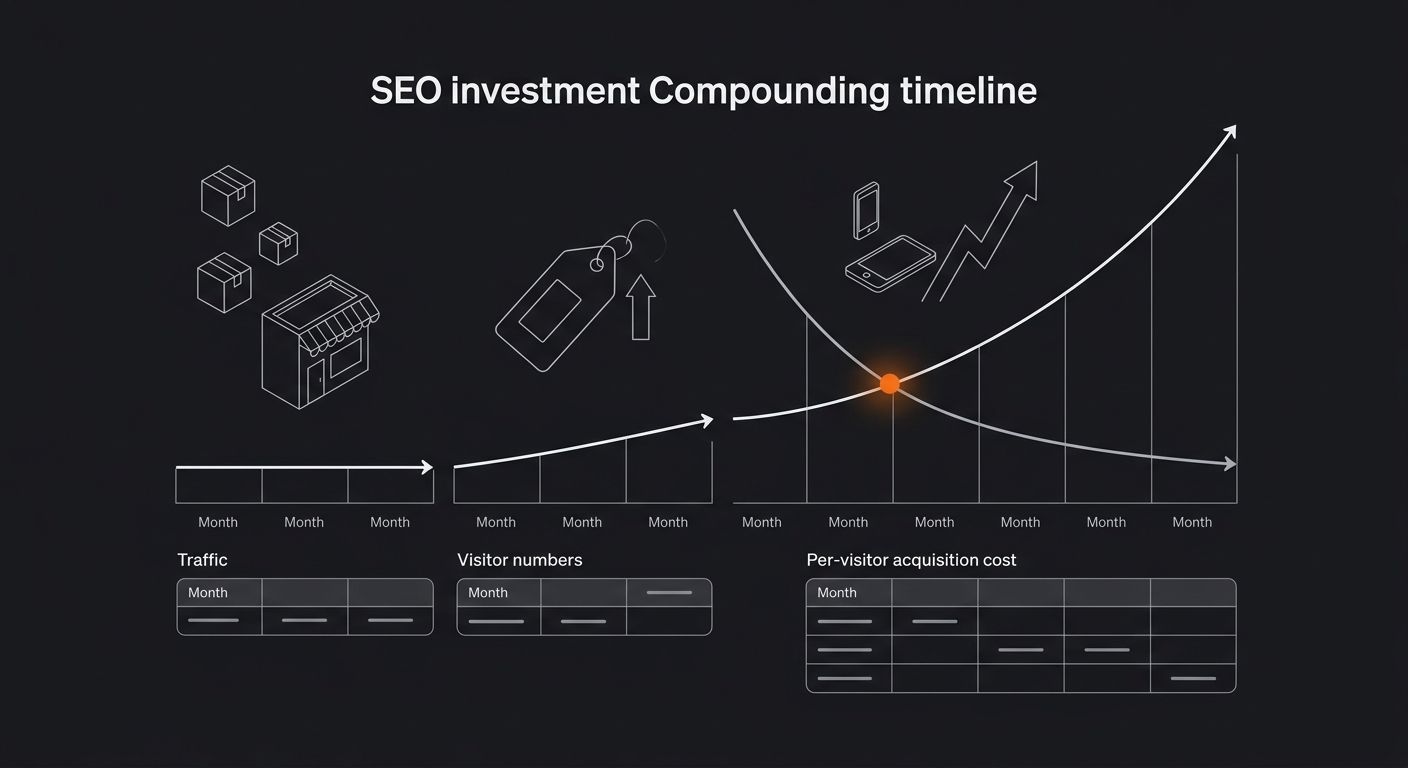 Timeline chart showing SEO investment compounding over 12 months - flat traffic months 1-3, gradual climb months 4-6, hockey stick growth months 7-12, overlaid with declining per-visitor cost curve