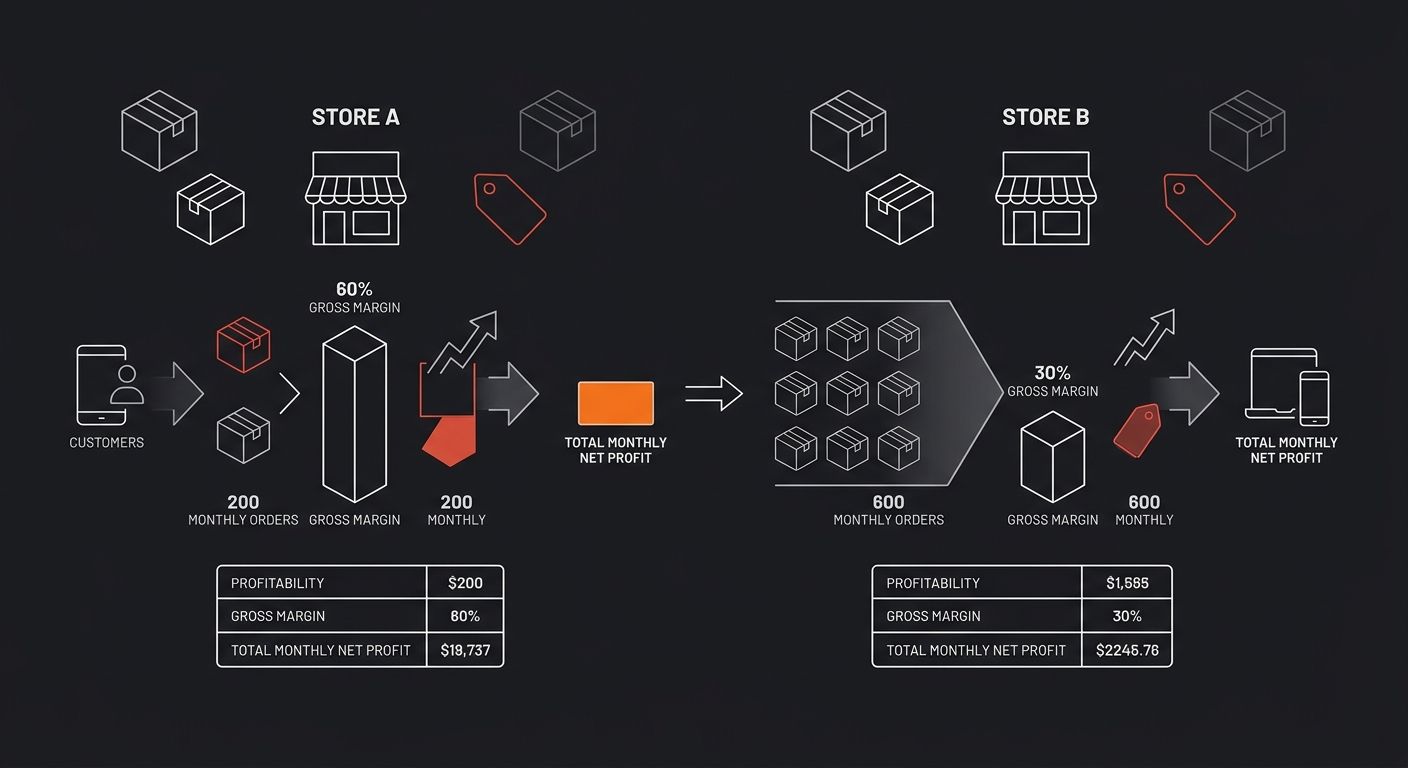 Side-by-side comparison diagram of two dropshipping stores — Store A with 60% gross margin and 200 monthly orders versus Store B with 30% gross margin and 600 monthly orders, showing total monthly net