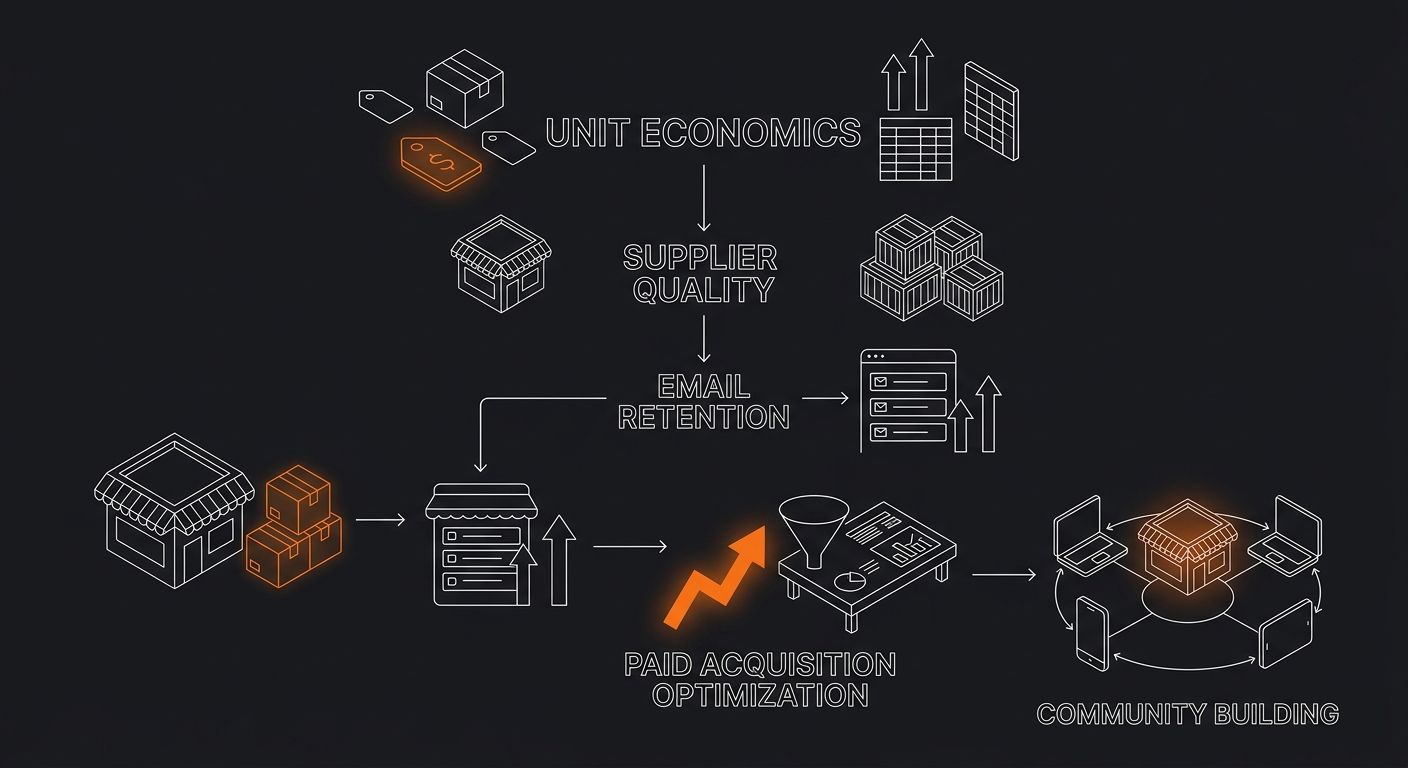 A flowchart showing the recommended priority sequence for solo operator dropshippers: unit economics first, then supplier quality, then email retention, then paid acquisition optimization, and finally