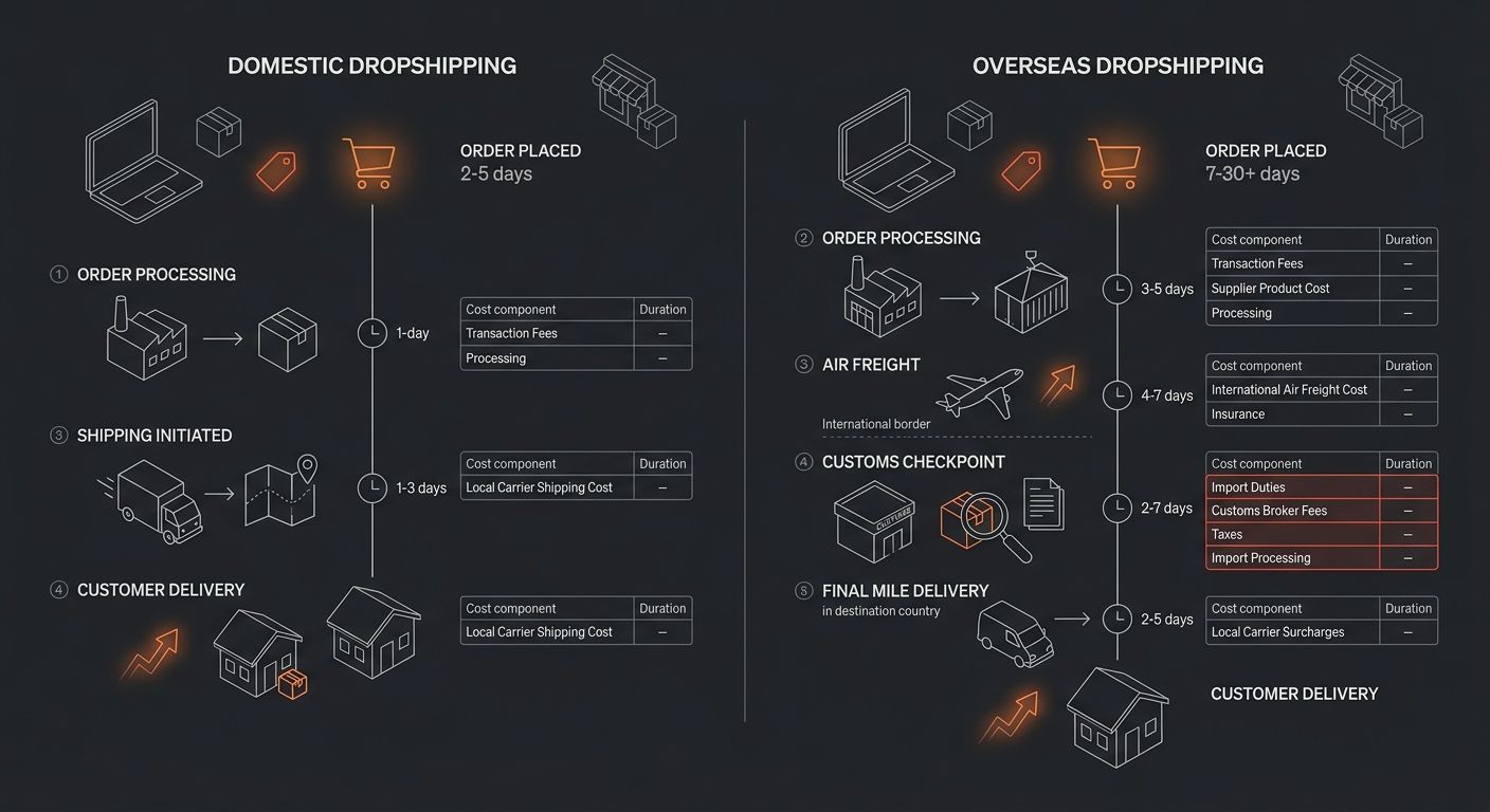 Side-by-side visual comparison of a domestic and overseas dropshipping order flow, showing the timeline from order placed to customer delivery with labeled cost components at each stage, domestic show
