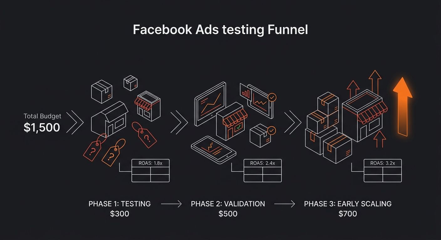 Dashboard-style visualization showing a Facebook Ads testing funnel with $1,500 budget broken into three phases - testing ($300), validation ($500), and early scaling ($700) with expected ROAS at each