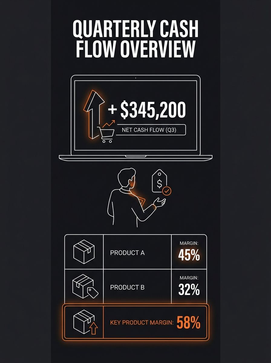 ecommerce operator reviewing quarterly cash flow dashboard on laptop screen with product margin breakdown visible