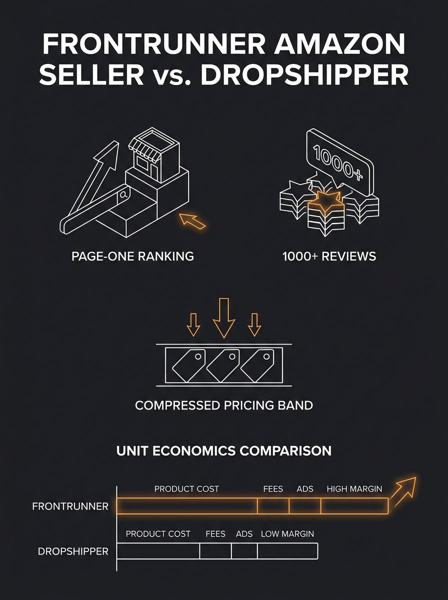 infographic showing the three components of a dominant Amazon seller (page-one ranking, 1000+ reviews, compressed pricing band) with a comparison of their unit economics versus a typical dropshipper's