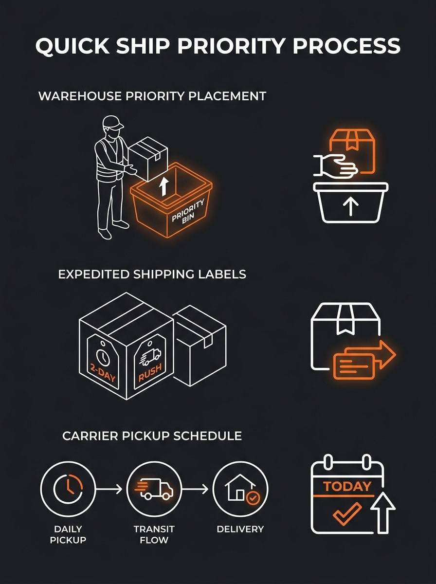 warehouse worker placing package into Quick Ship priority bin with expedited shipping labels and carrier pickup schedule visible