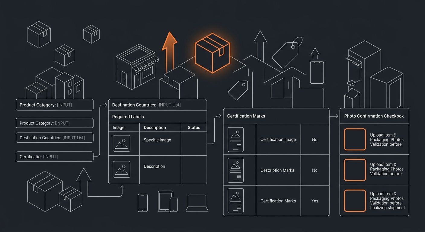 a sample one-page supplier compliance checklist template showing fields for product category, destination country, required labels, certification marks, and a photo confirmation checkbox
