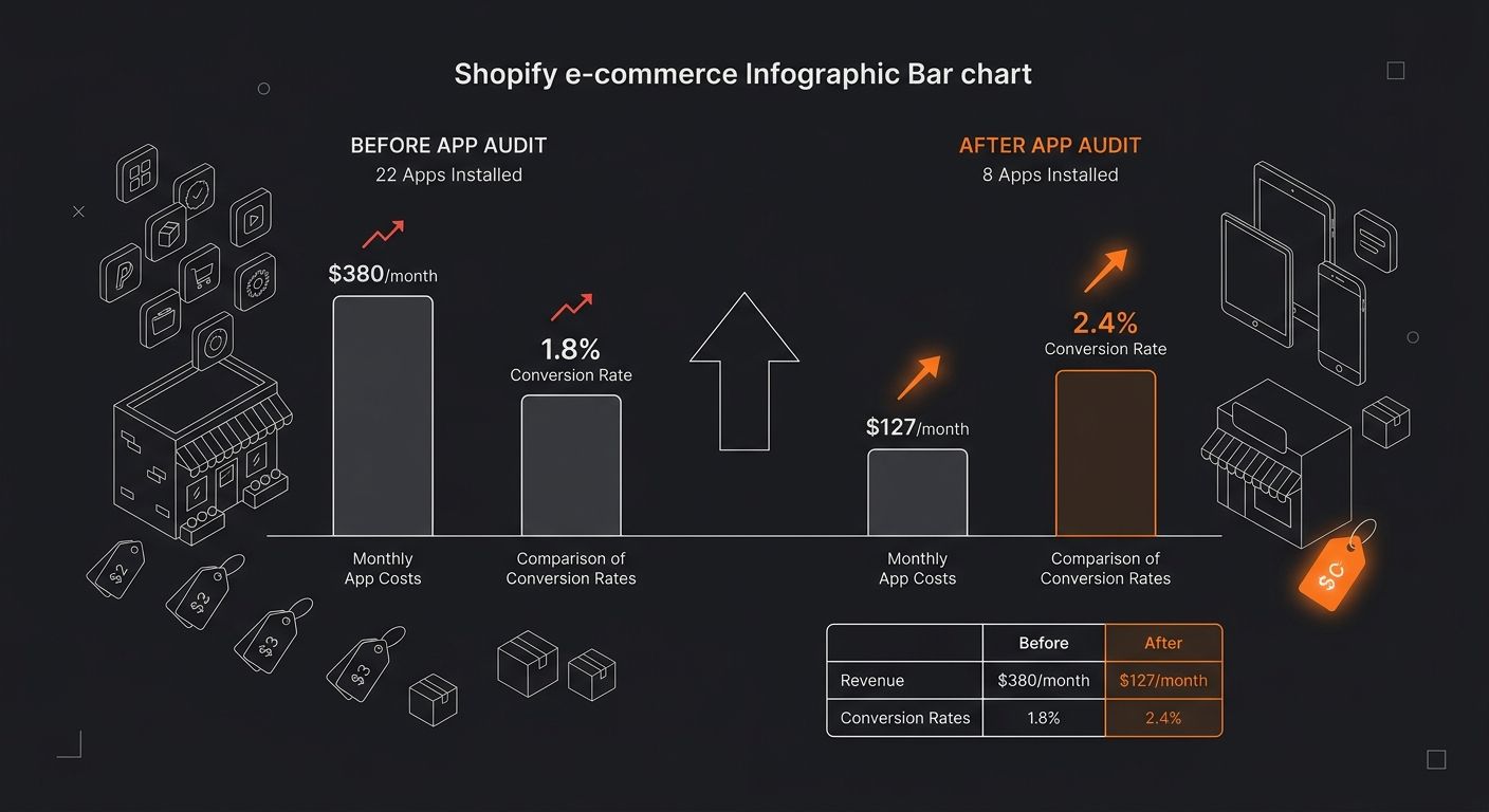 Bar chart comparing monthly costs and conversion rates of a Shopify store before app audit (22 apps, $380/month, 1.8% conversion) versus after audit (8 apps, $127/month, 2.4% conversion), with revenue