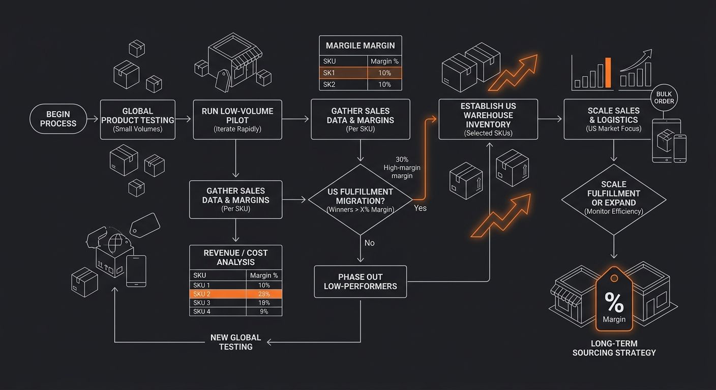 Flowchart showing the hybrid sourcing model — starting with global product testing at small volumes, then decision point for migration to US warehouse fulfillment for winning SKUs, with margin percent