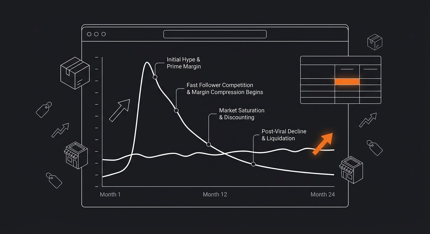A screenshot-style mockup of a Google Trends comparison showing two overlapping search interest lines — one for a viral product showing a sharp spike and decline, and one for an evergreen product show