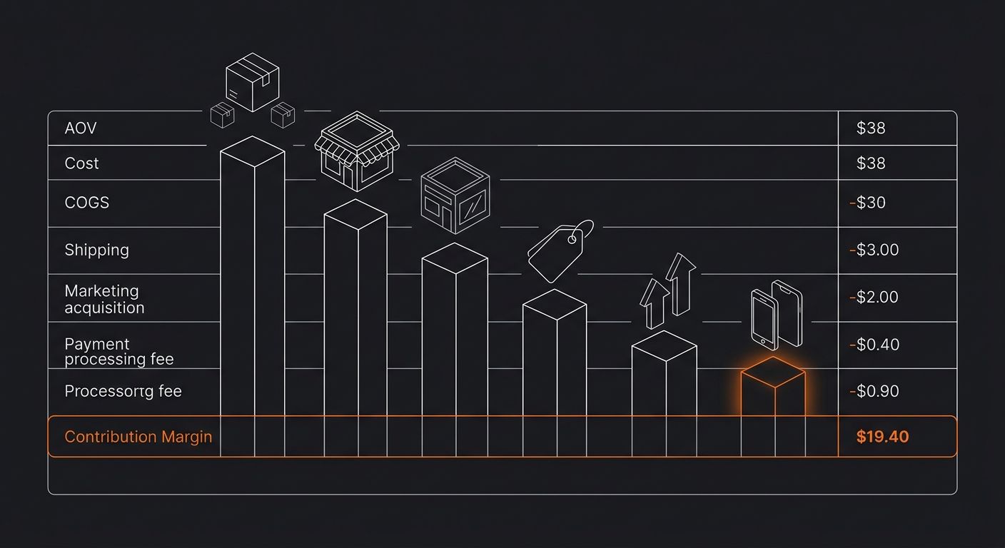 a simple table-style breakdown showing a $38 product's journey from AOV through each cost deduction down to $19.40 contribution margin, visualized as a shrinking bar chart