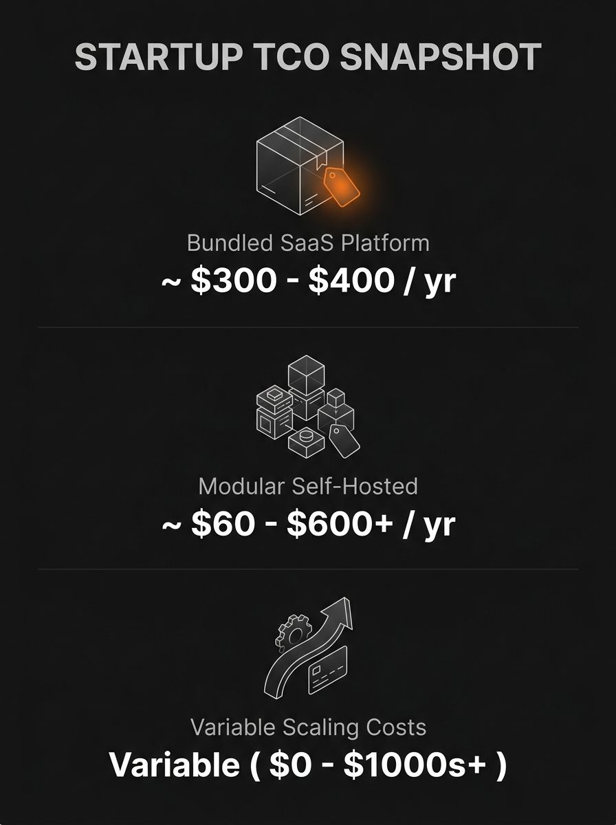 Infographic comparing Shopify and WooCommerce total cost of ownership across six categories — subscription, hosting, security, apps/plugins, payment processing, and developer costs — with dollar range