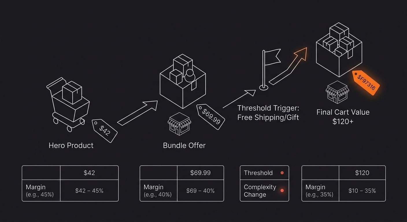 A visual flowchart showing a customer's cart progression from single hero product at $42 to a bundle at $69.99, then through a threshold trigger to a final cart value of $120+, with margin percentages