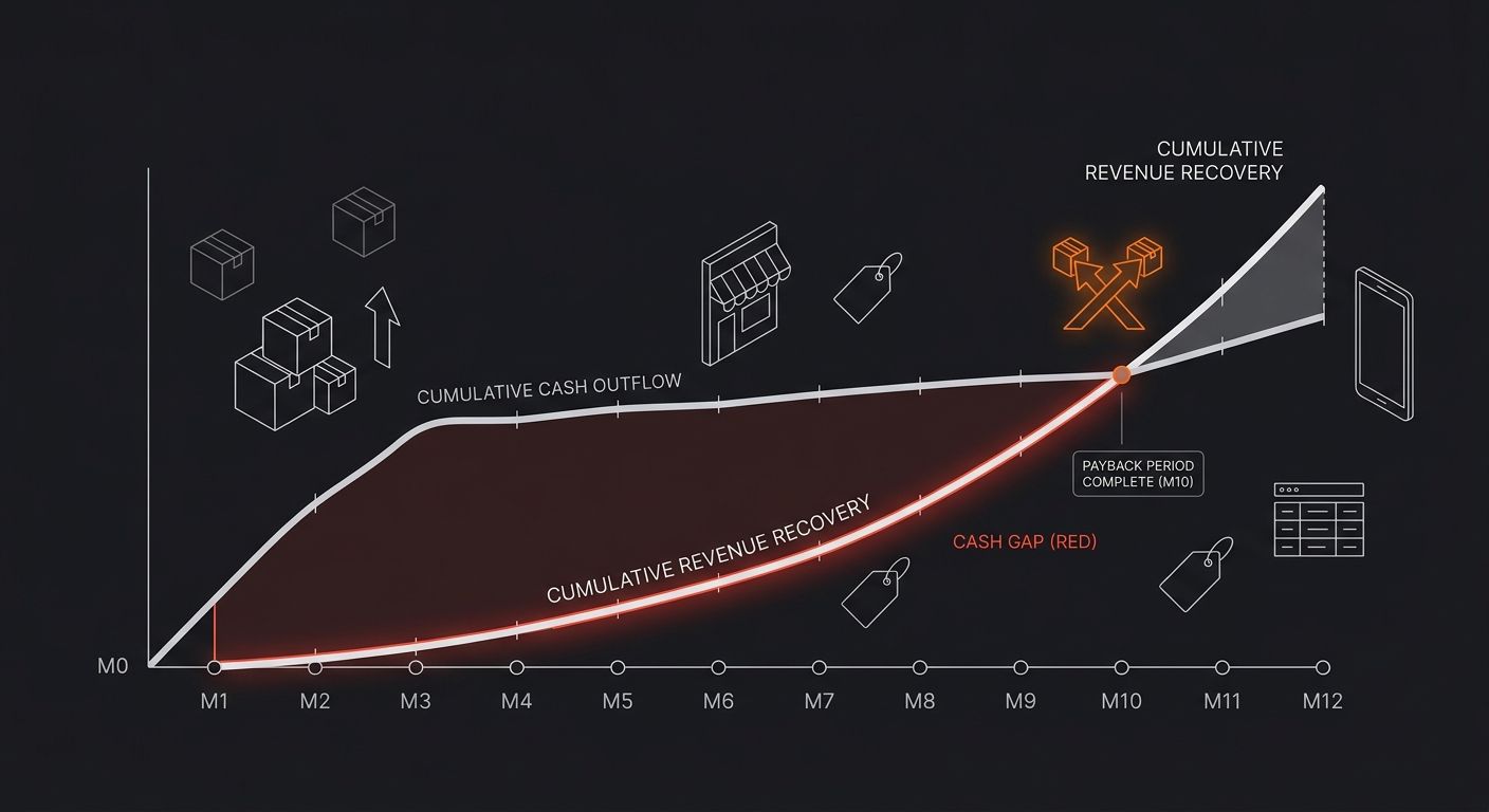 a timeline diagram showing cumulative cash outflow vs cumulative revenue recovery over 12 months for a dropshipping product with a 10-month payback period, with the crossover point clearly marked and