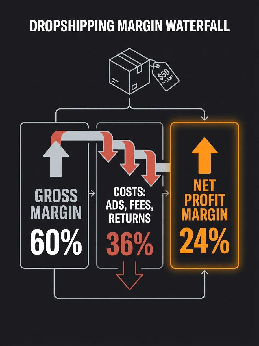 Infographic showing the gross-to-net margin waterfall for a $50 dropshipped product, breaking down 60% gross margin into layers of ad spend, payment processing, platform fees, returns, and resulting 2