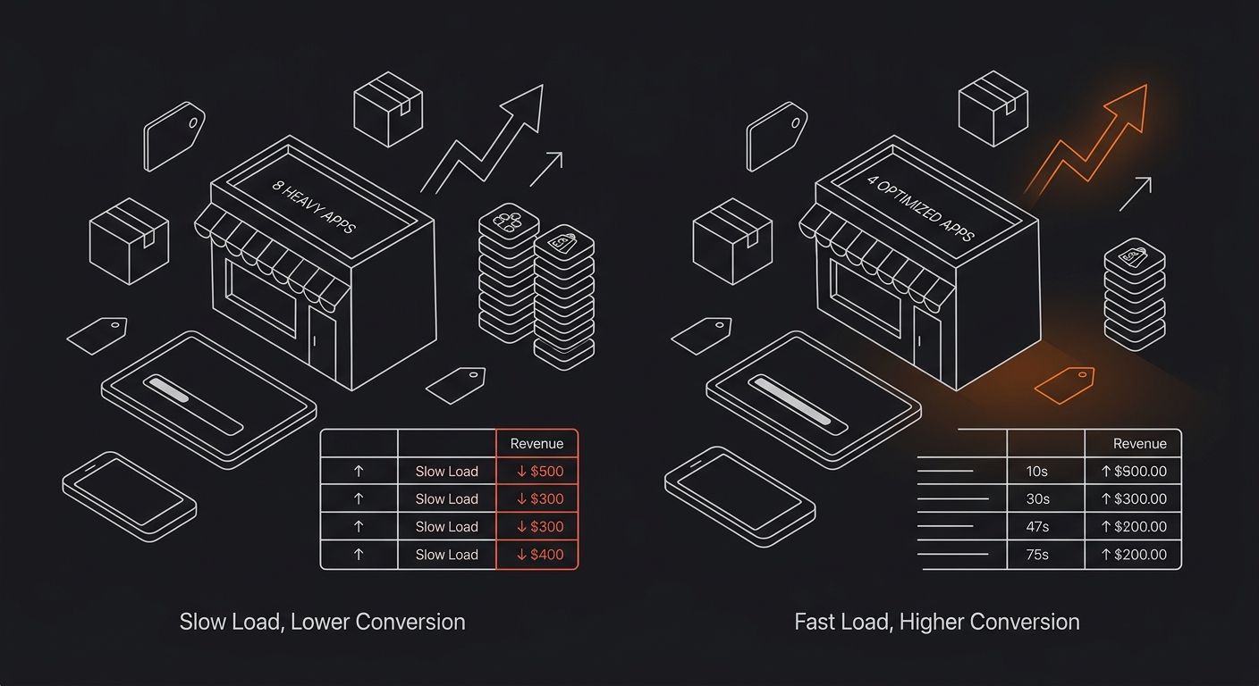 Side-by-side comparison showing two Shopify stores - one with 8 heavy apps (slow load, lower conversion) and one with 4 optimized apps (fast load, higher conversion), with revenue impact numbers displ