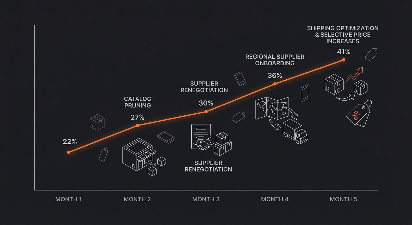 A line graph showing gross margin percentage over 5 months, starting at 22% in month 1, rising to 27% after catalog pruning, 30% after supplier renegotiation, 36% after regional supplier onboarding, a