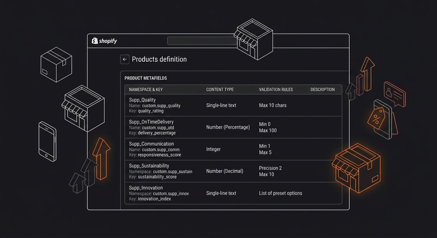 screenshot-style illustration of the Shopify admin Custom Data settings page showing five metafield definitions for supplier scorecard metrics, with fields for namespace, key, content type, and valida