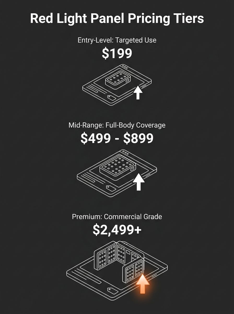 Red light therapy panel devices displayed on e-commerce product pages with pricing tiers from entry-level to premium segments