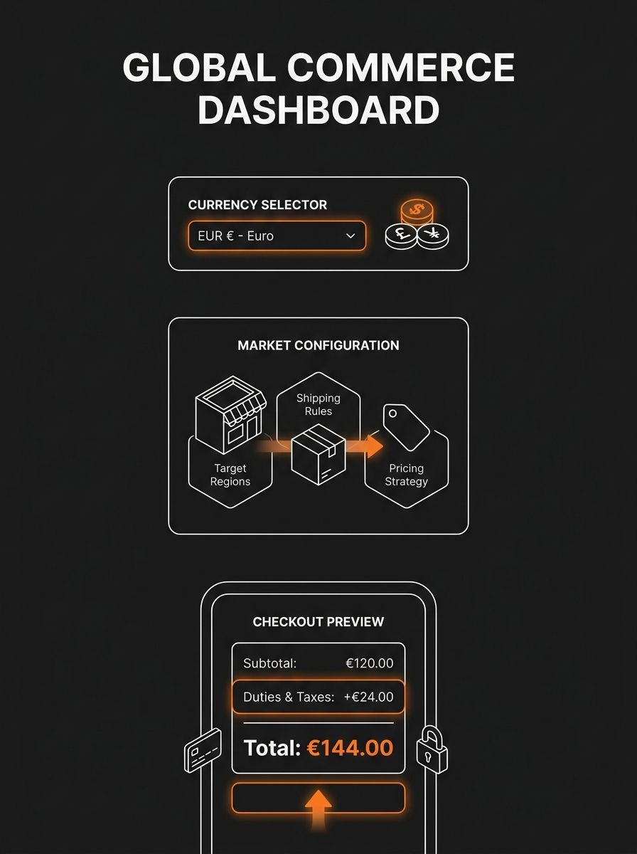 Dashboard screenshot showing Shopify Markets interface with currency selector, market configuration panel, and checkout preview displaying duties and taxes in local currency