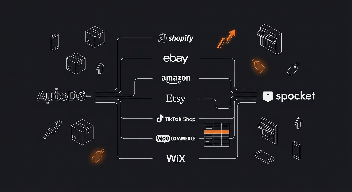 a visual showing multi-channel integration support for AutoDS and Spocket, with platform logos for Shopify, eBay, Amazon, Etsy, TikTok Shop, WooCommerce, and Wix, indicating which integrations each pl