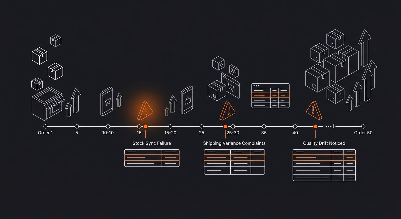 a timeline showing the progression from order 1 to order 50 with three failure points marked: stock sync failure at order 15-20, shipping variance complaints at order 25-30, and quality drift noticed