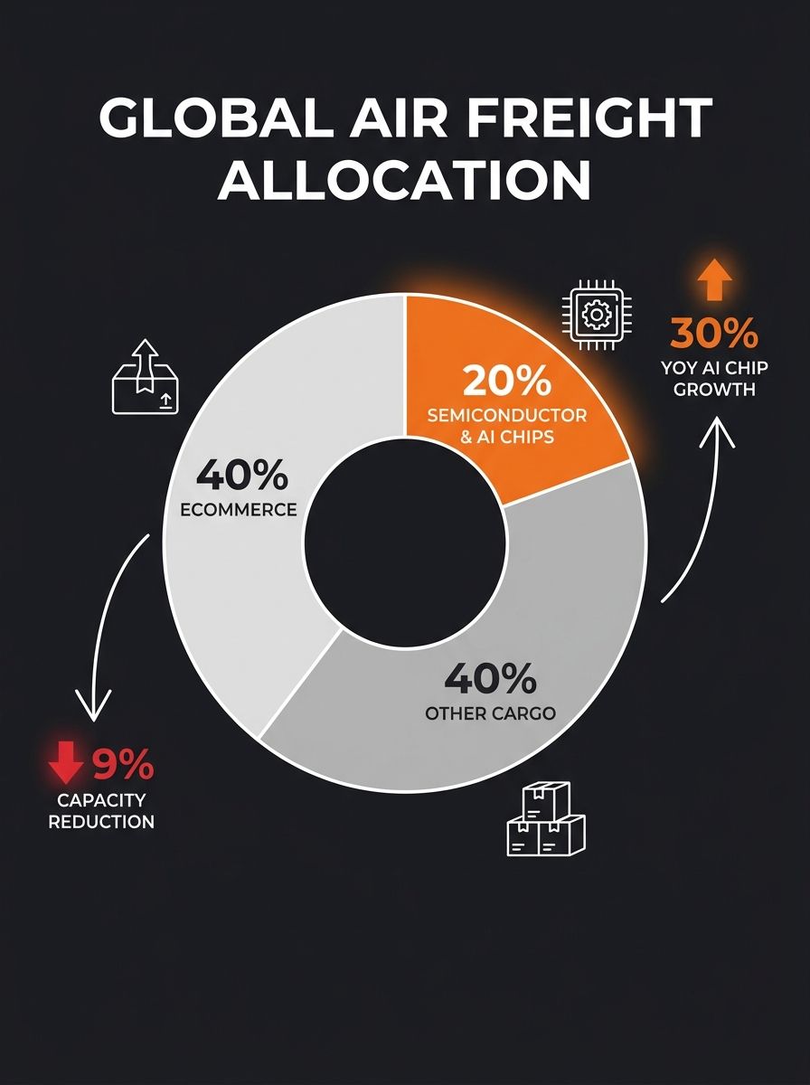 infographic showing global air freight capacity allocation as a pie chart, breaking down semiconductor and AI chip shipments versus ecommerce versus other cargo categories, with annotation arrows indi