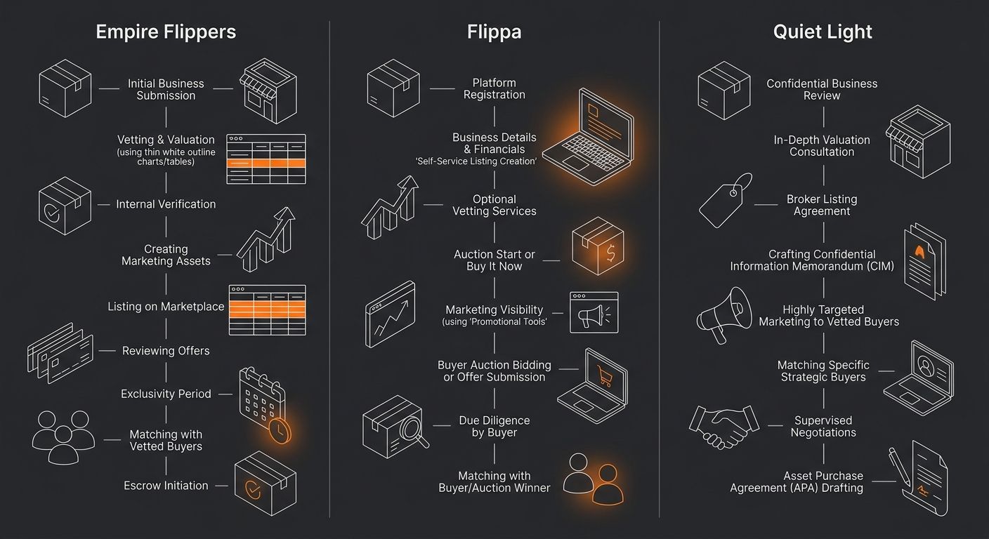 side-by-side comparison visual of Empire Flippers, Flippa, and Quiet Light broker platforms showing their intake process flow from submission to listing to buyer matching