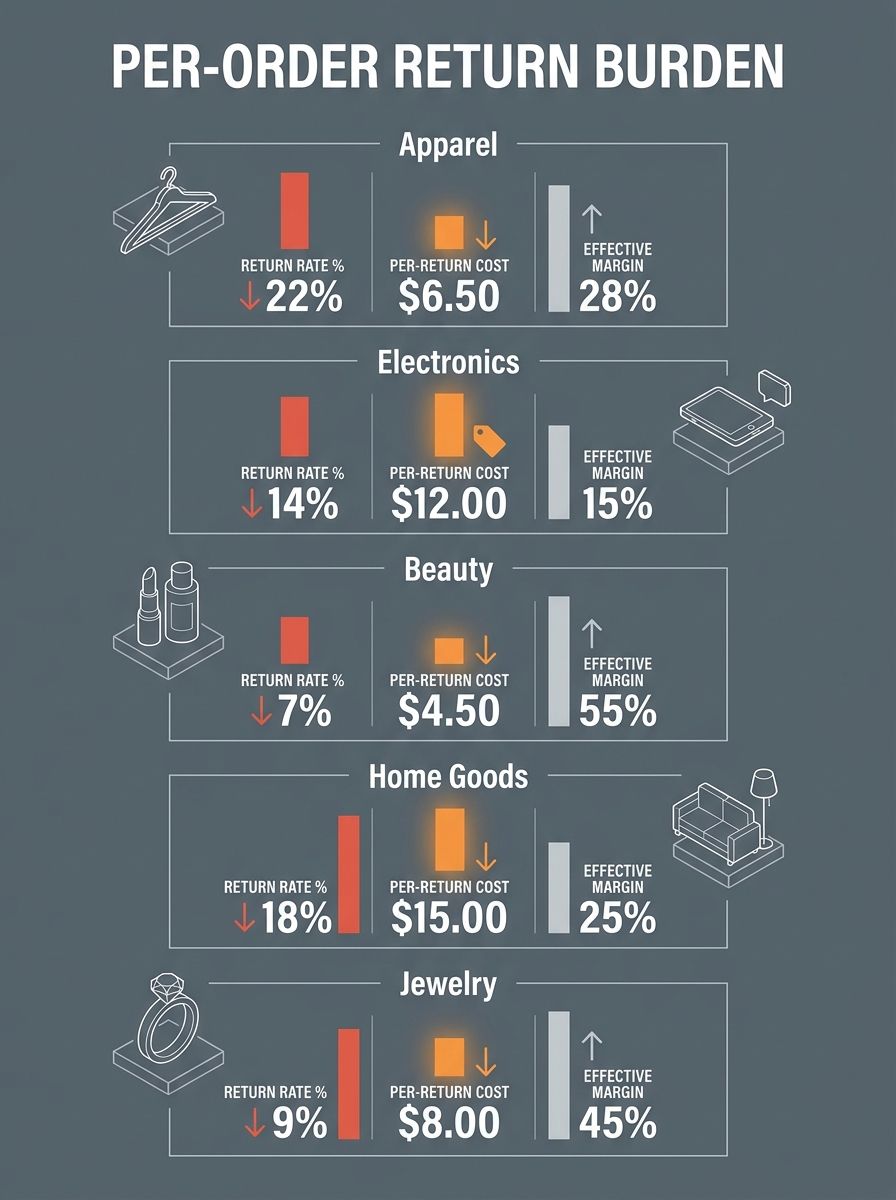 Infographic comparing per-order return burden across five product categories (apparel, electronics, beauty, home goods, jewelry) showing return rate percentage, per-return processing cost, and effecti