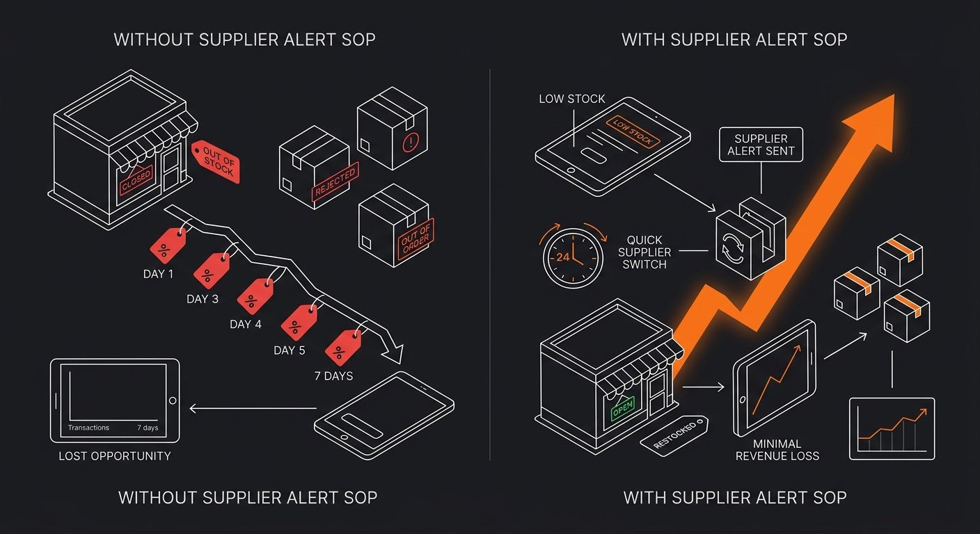 a side-by-side comparison showing two timelines of a stockout event - one without a supplier alert SOP showing 7 days of lost sales, and one with the SOP showing a 24-hour supplier switch with minimal