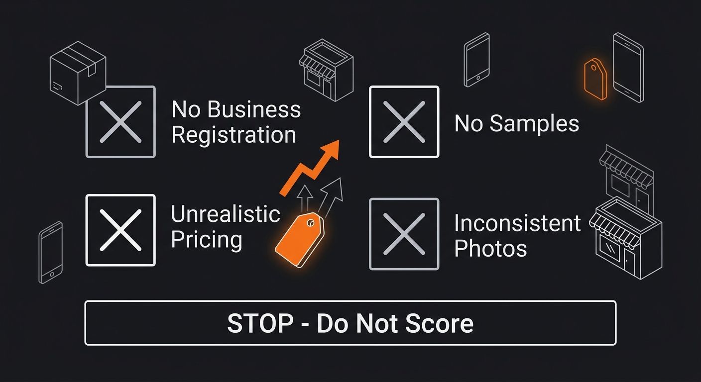 A red-flag checklist visual showing four boxes with X marks, each containing one automatic disqualifier (no business registration, unrealistic pricing, no samples, inconsistent photos) with a "STOP - 