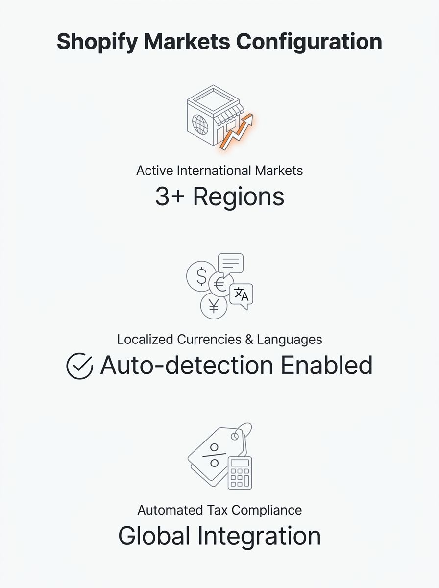Shopify Markets admin dashboard showing market configuration panel with currency, language, and tax settings for multiple international regions