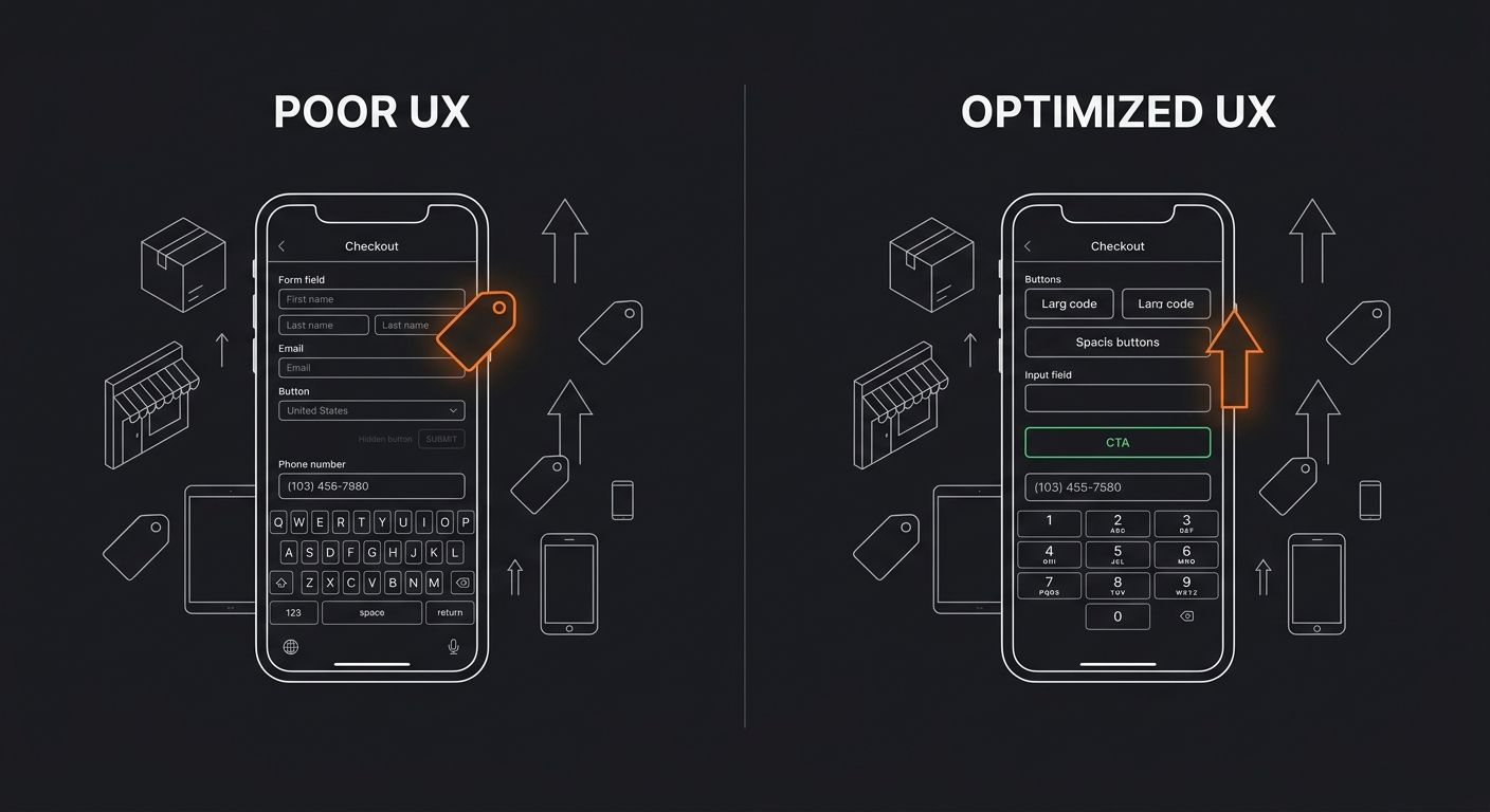 Side-by-side comparison of a mobile checkout screen with poor UX showing tiny buttons, a text keyboard for phone number input, and a hidden submit button versus an optimized mobile checkout screen wit