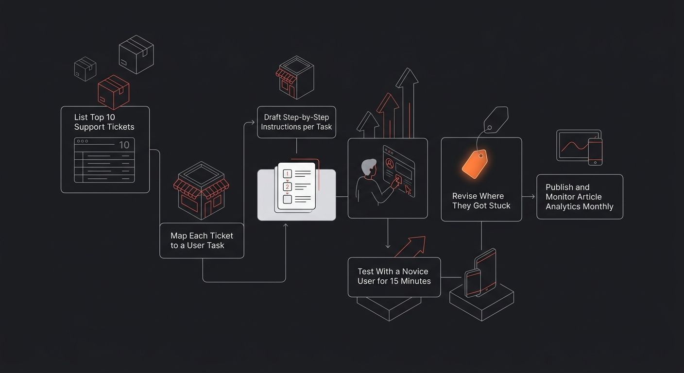 simple flowchart showing a documentation creation process with 6 connected steps: List Top 10 Support Tickets, Map Each Ticket to a User Task, Draft Step-by-Step Instructions per Task, Test With a Nov
