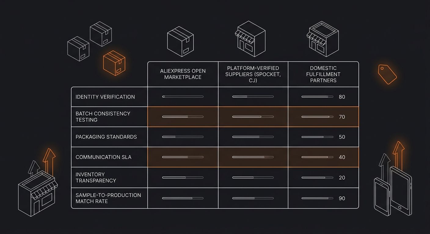 comparison table visual showing three supplier tiers — AliExpress open marketplace, platform-verified suppliers like Spocket and CJ, and domestic fulfillment partners — rated across six quality dimens