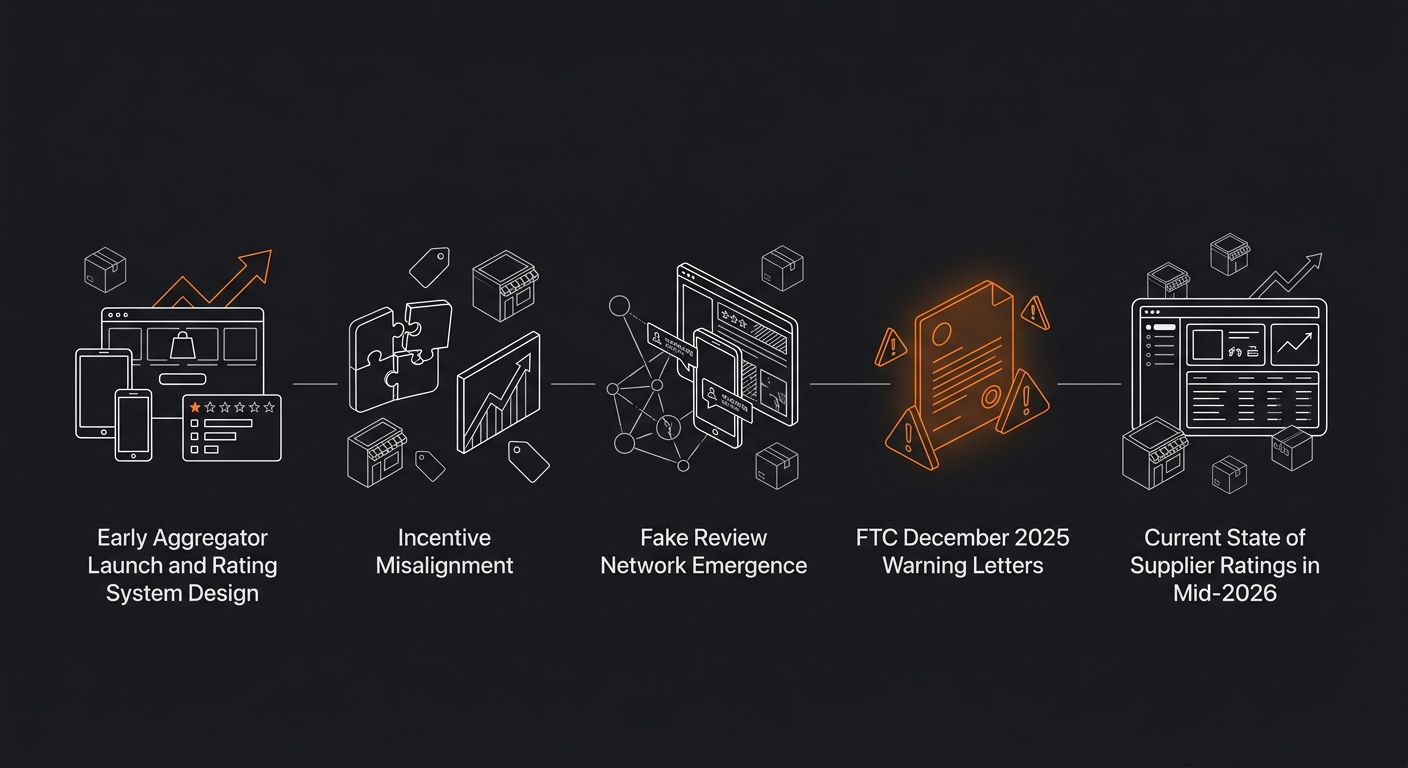 timeline visualization showing key events from early aggregator launch and rating system design through incentive misalignment, fake review network emergence, FTC December 2025 warning letters, and th