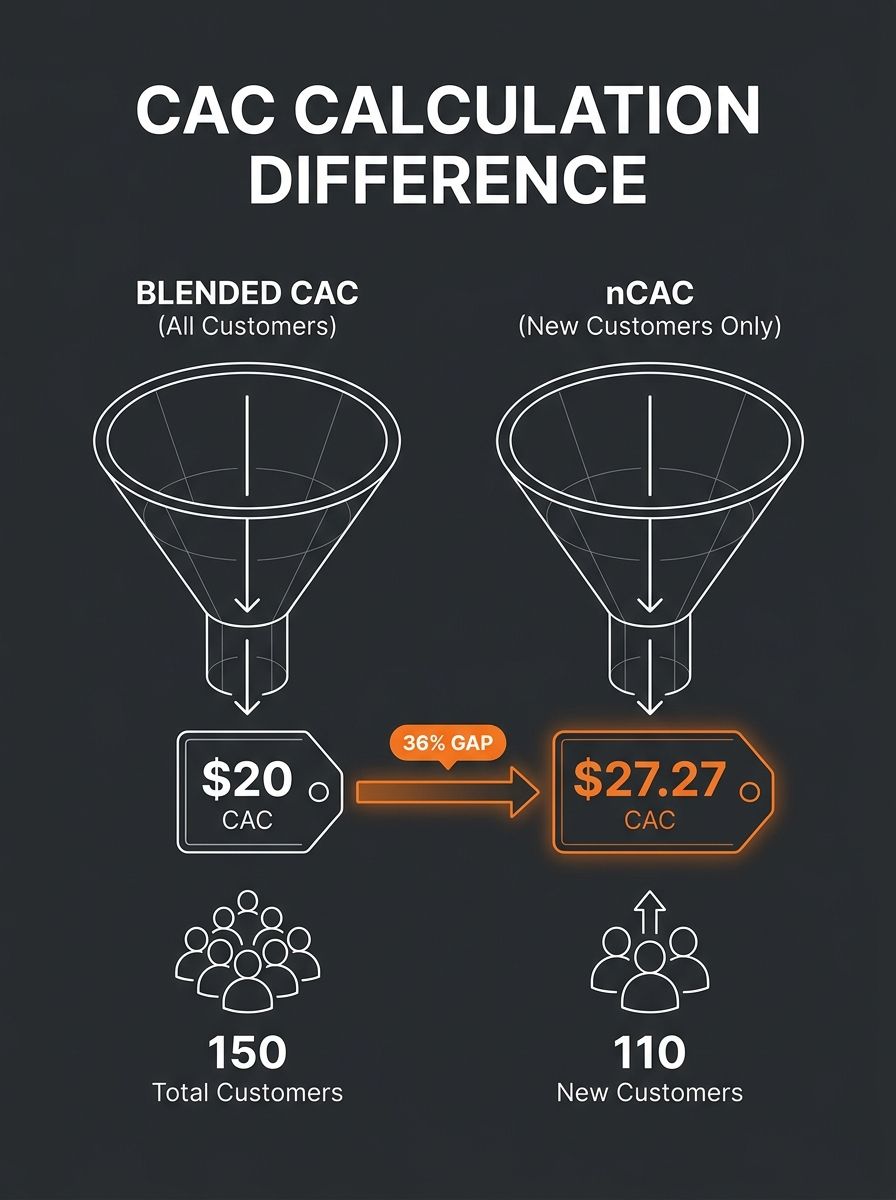 infographic showing the difference between blended CAC calculation and nCAC calculation, with two side-by-side funnels — one counting all 150 customers at $20 CAC, the other counting only 110 new cust
