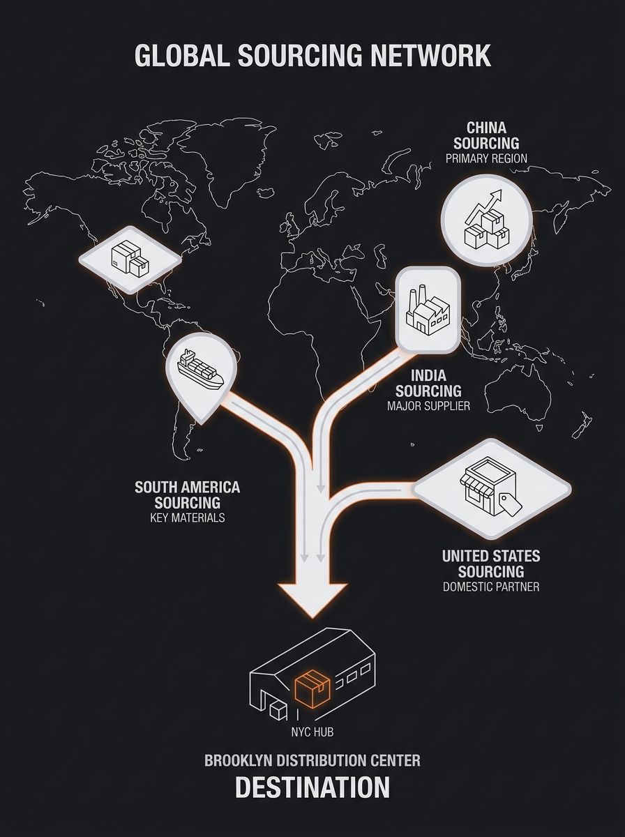World map highlighting four sourcing regions with shipping routes connecting China, India, South America and United States to Brooklyn distribution center