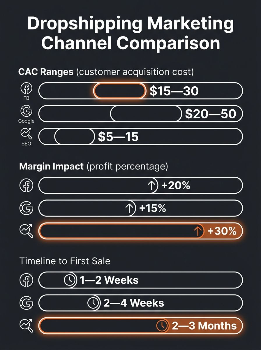 Infographic comparing three marketing channels (Facebook Ads, Google Ads, SEO) for dropshipping stores with bar charts showing CAC ranges, margin impact percentages, and timeline to first sale for eac