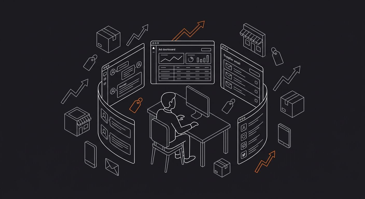 A solo operator at a desk surrounded by multiple screens showing customer service tickets, ad dashboards, supplier emails, and social media notifications, illustrating the bandwidth problem of managin
