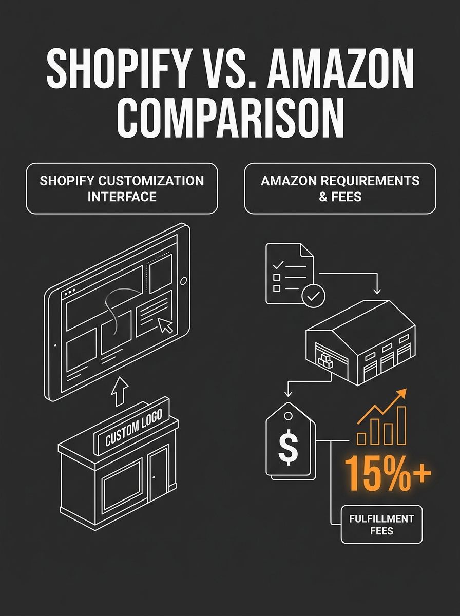 Split-screen comparison showing Shopify storefront customization interface alongside Amazon marketplace listing requirements and fee structure