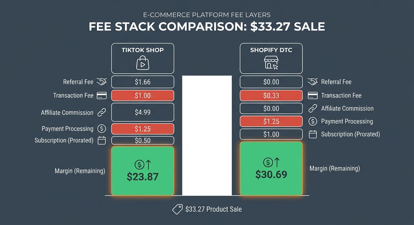 Infographic comparing TikTok Shop and Shopify DTC fee stacks side by side, showing each deduction layer (referral fee, transaction fee, affiliate commission, payment processing, subscription) as stack