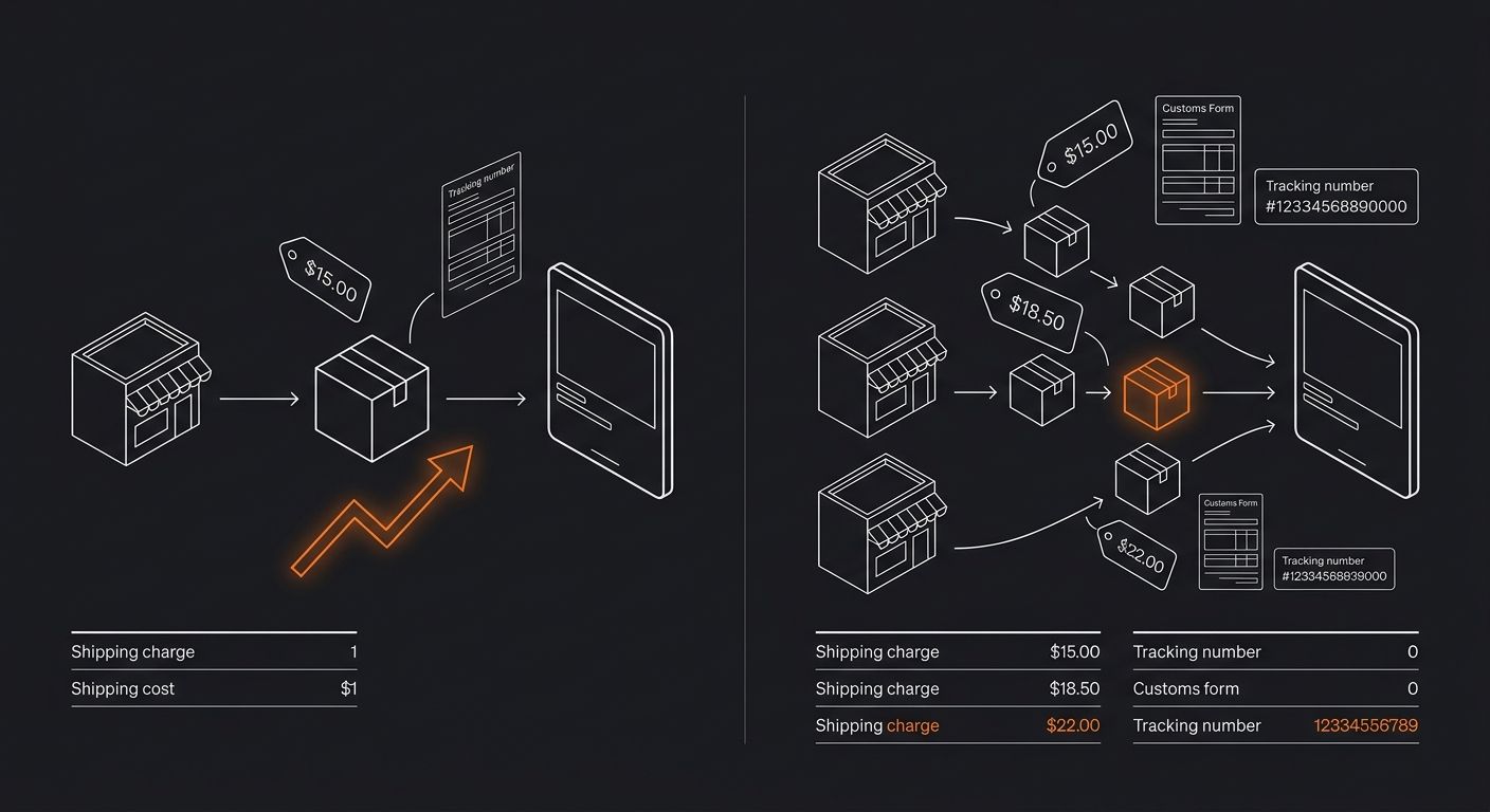 Side-by-side comparison showing a single fulfilled order with one shipping cost versus a split order across three suppliers showing three separate shipping charges, customs forms, and tracking numbers