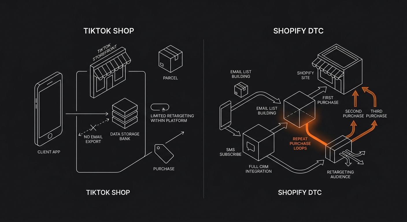 Diagram showing the customer data flow difference between TikTok Shop (customer data stays within platform, no email export, limited retargeting options) and Shopify DTC (full CRM integration, email a