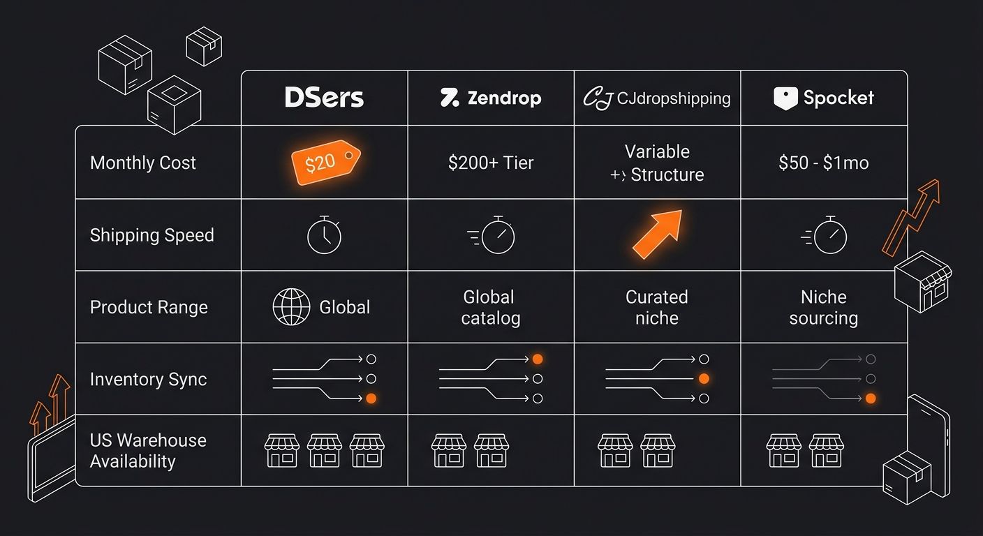 Infographic comparing four dropshipping supplier apps (DSers, Zendrop, CJdropshipping, Spocket) across five criteria: monthly cost, shipping speed, product range, inventory sync reliability, and US wa