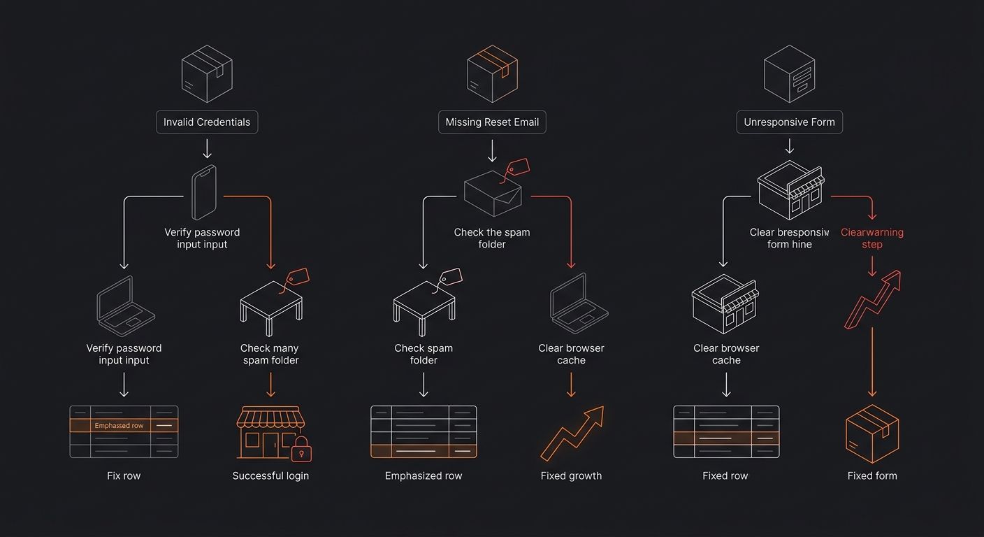 A troubleshooting decision flowchart with three starting nodes labeled invalid credentials, missing reset email, and unresponsive form, each branching into 2 to 3 diagnostic steps with fix actions at