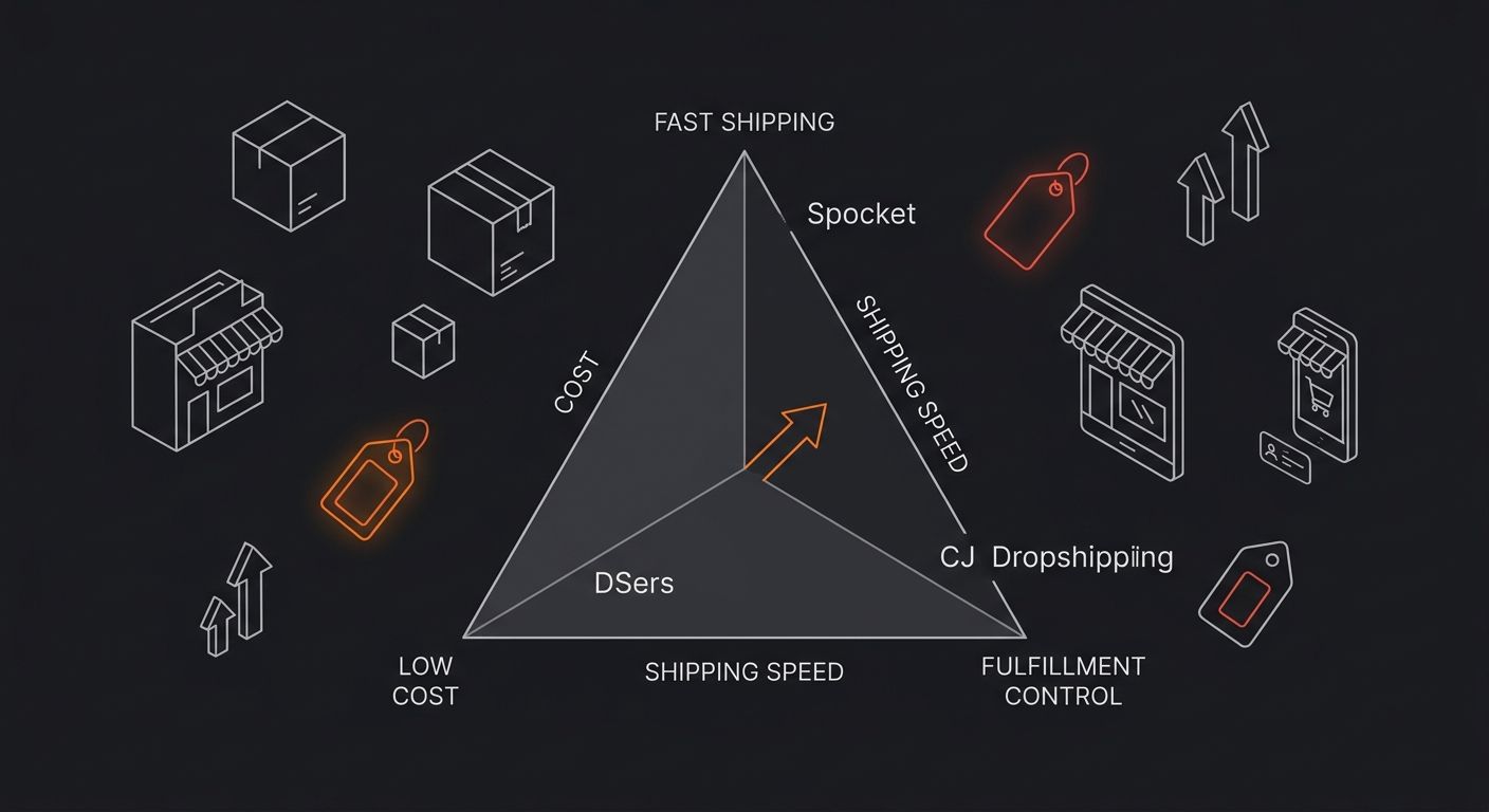 infographic comparing the three dropshipping apps on a triangle chart with axes for cost, shipping speed, and fulfillment control, showing DSers positioned toward low cost, Spocket toward fast shippin