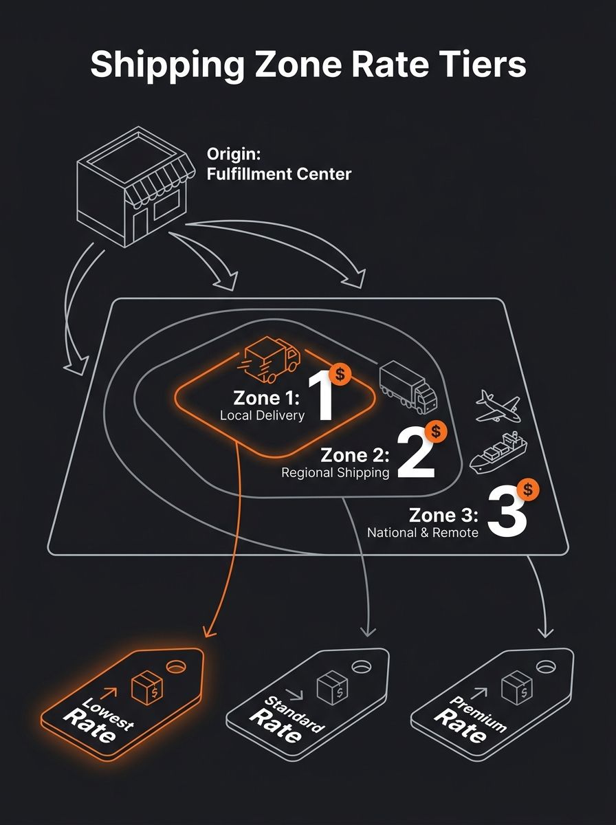 Shipping zone map showing carrier rate tiers from origin to destination